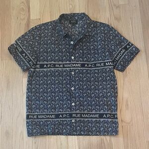 Men’s A.P.C. Short-Sleeve Button-Up Shirt in Navy and White Print - Size XS